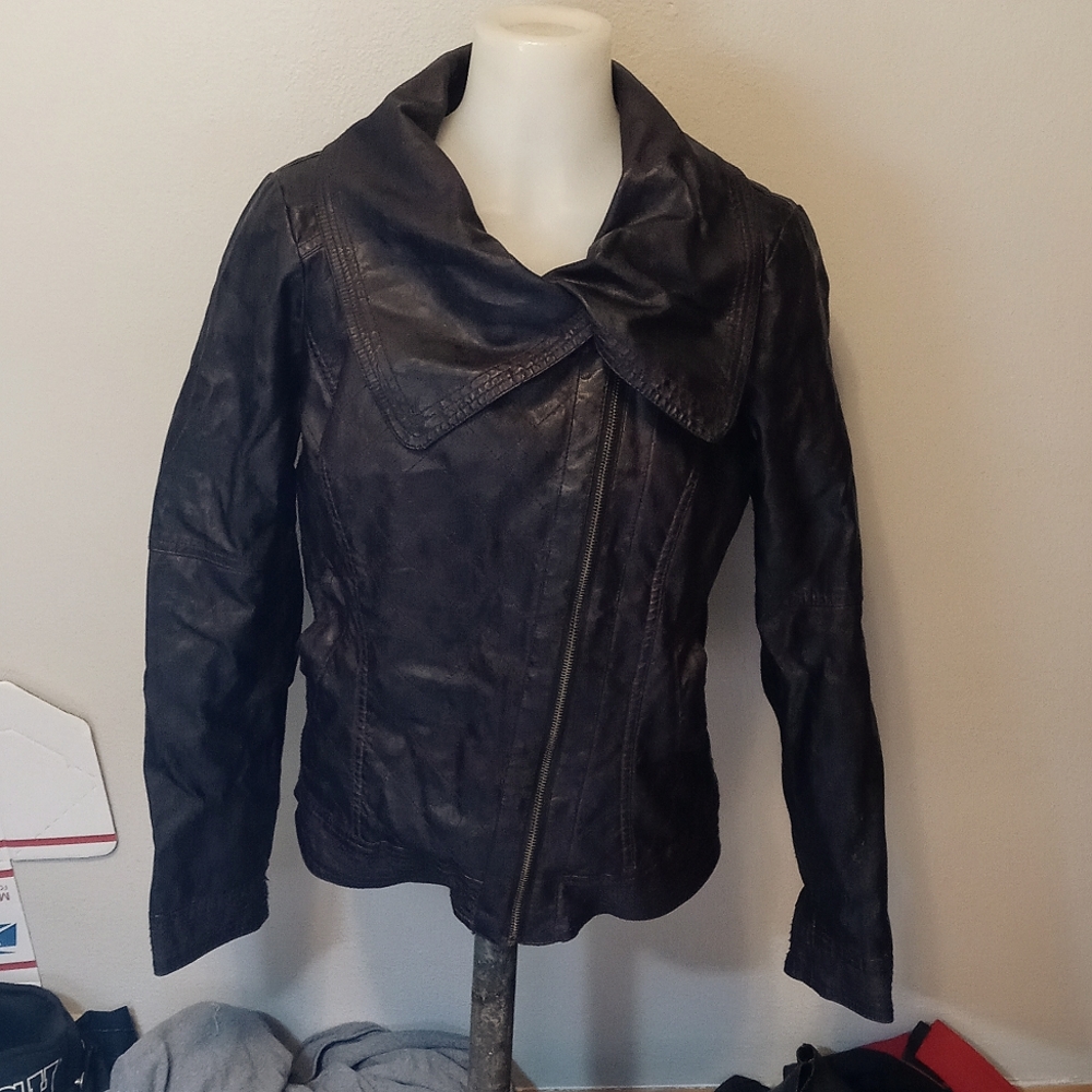 GUESS VEGAN LEATHER JACKET WOMENS M FAUX LEATHER COAT BLACK